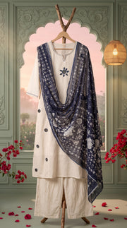 Roshini White Mirror Work Indigo Print Kurta Set